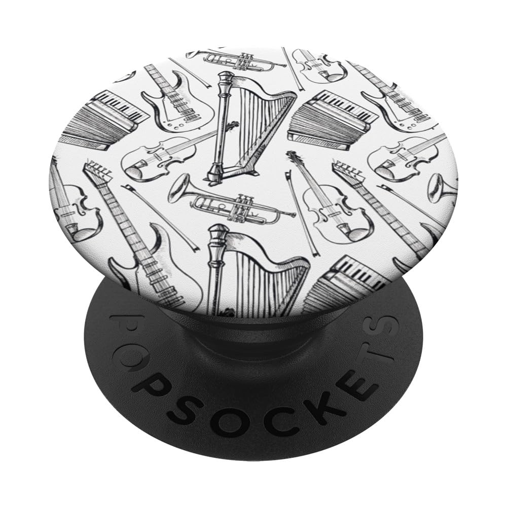 Musical Instruments Pattern Black & White Graphic Background PopSockets Swappable PopGrip