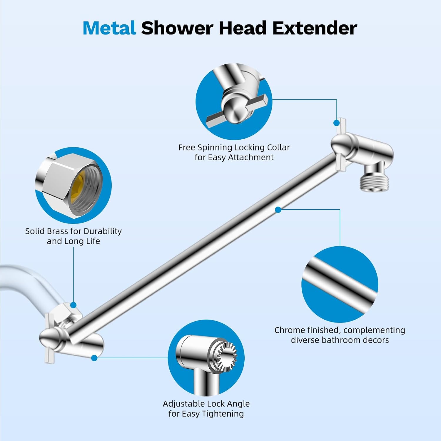 All Metal 11" Shower Head Extension Arm, Brass Flexible Shower Head Extender Adjustable Height&Angle, G1/2" Universal Stainless Steel Pipe Extending with Lock Joint for Rain/Fixed Showerhead, Chrome