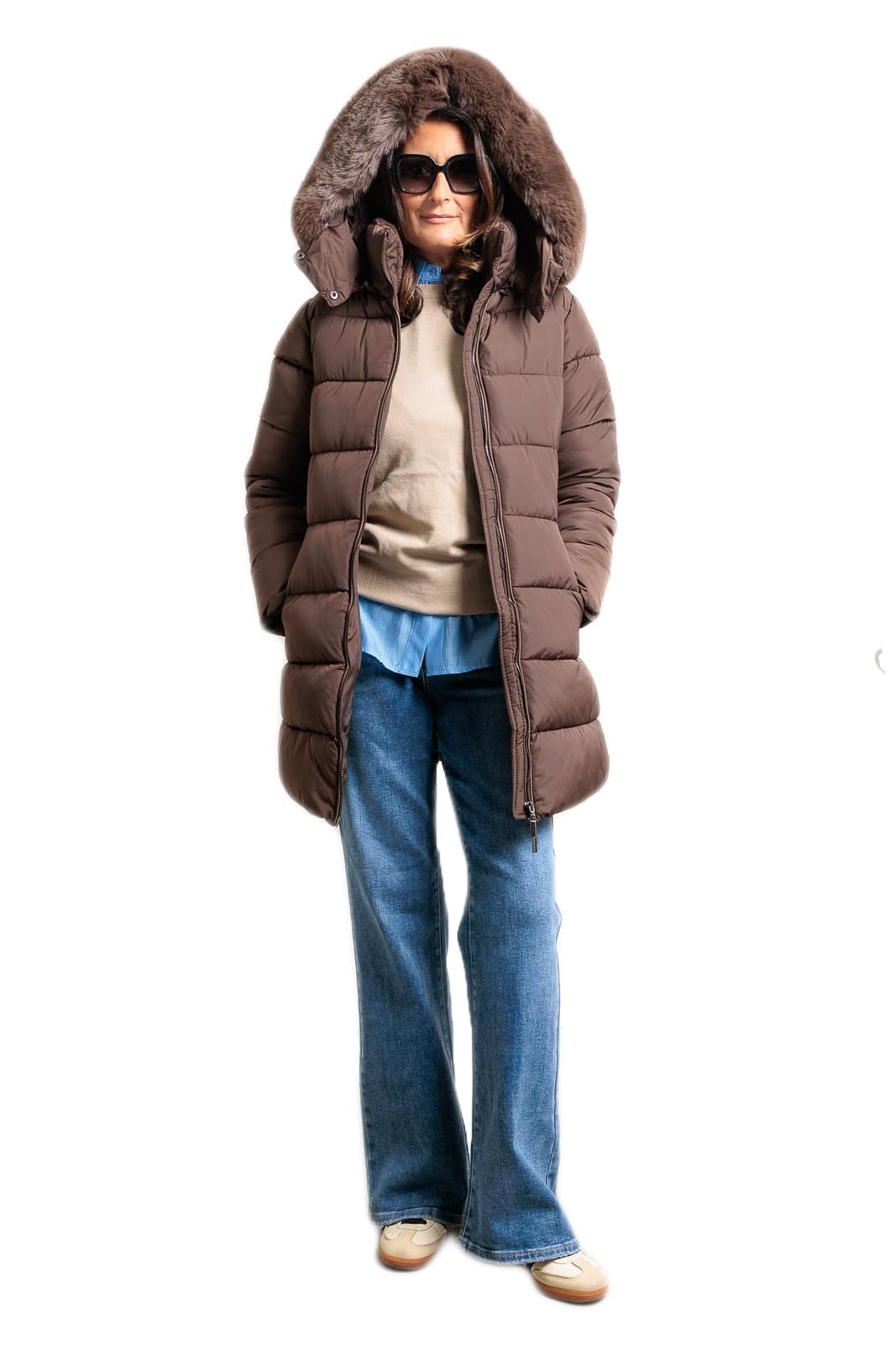 Piumino Donna Giubbotto Lungo Cappuccio Pelliccia Giubbino Invernale Casual Elegante VEQUE