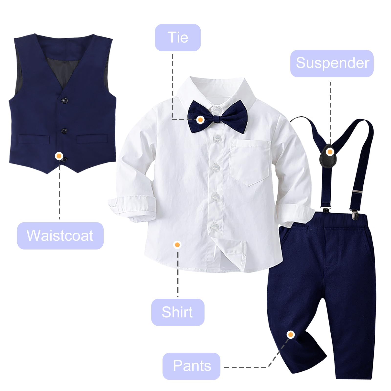Toddler Baby Boy Clothes Suit 5Pcs Gentleman Wedding Party Outfits?Formal DressShirt+Bowtie+Vest+Suspender Pants,12M-5T Navy Blue