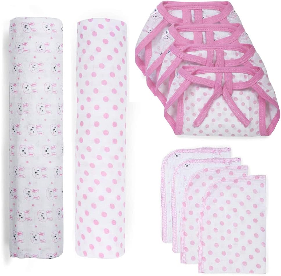 Pom Pom Sweethearts Cotton Muslin Swaddle Wrap Blanket | Nappies | Washcloth for New Born Baby Gift Set - Pink (6-9 Months)