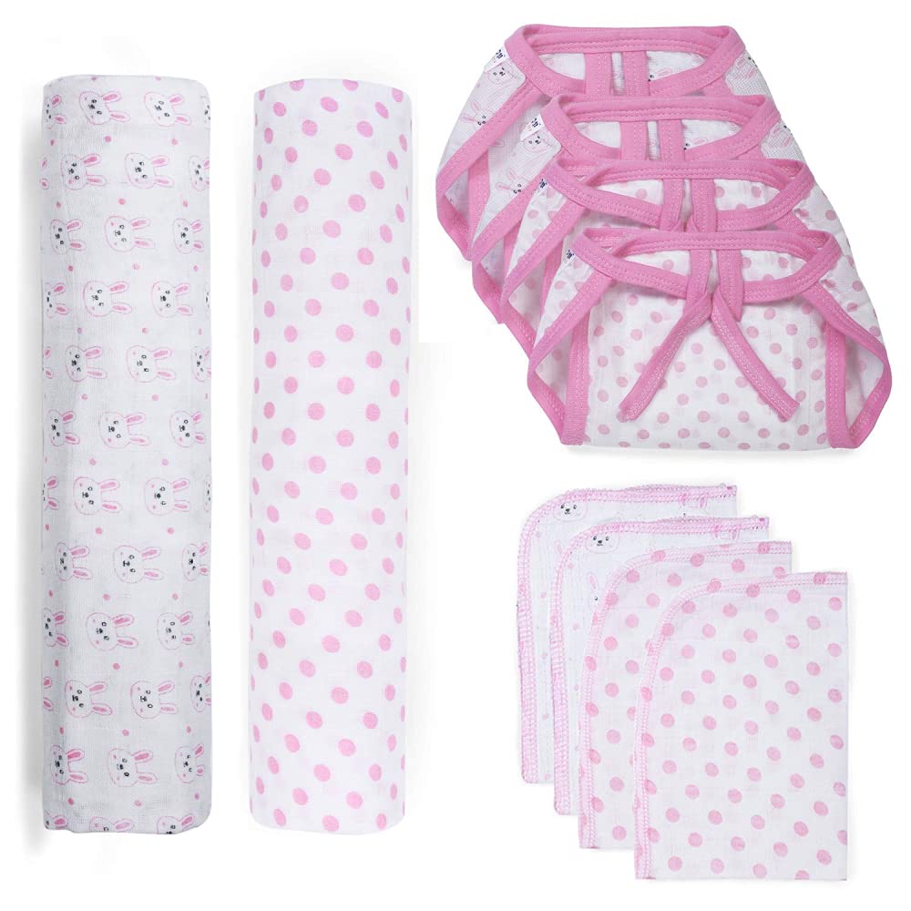 Pom Pom SweetheartsPom Pom Sweethearts Cotton Muslin Swaddle Wrap Blanket | Nappies | Washcloth for New Born Baby Gift Set - Pink (6-9 Months)