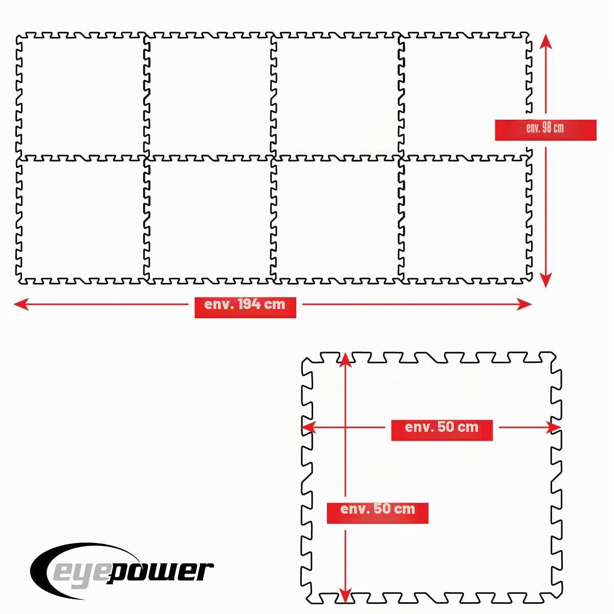 EYEPOWER Lot de 8 Grands Tapis : 1,9 m² - 50 x 50 cm - Antidérapant - Tapis de Piscine - Tapis de Piscine - Tapis de Protection pour Piscine - Tapis de Protection sous Piscine, Tapis de Sol pour