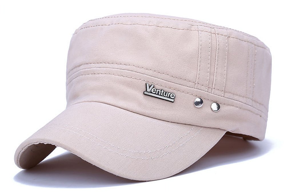 ChezAbbey Solid Brim Flat Top Cap Army Cadet Style Military Ripped Hat Peaked Cap