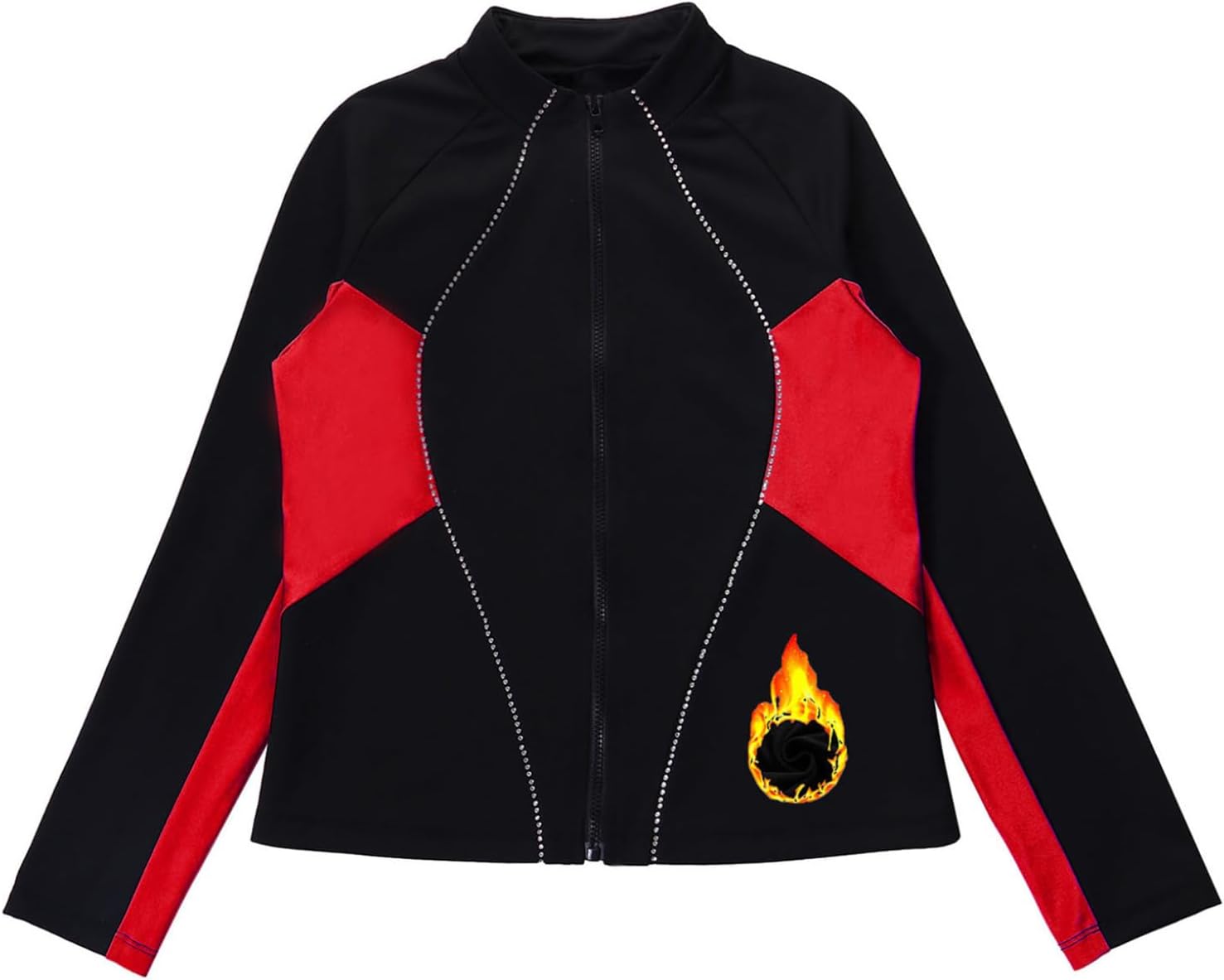 Hansber Kids Girls Figure Skating Fleece Jacket Long Sleeve Zipper Shiny Rhinestones for Dance Gymnastics Workout