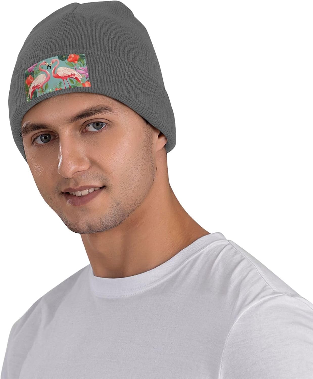 Knitted Hat Flamingo Love Flowers Print Beanie for Women Soft Warm Beanie Cap Casual Knit Hat Men Winter Beanies