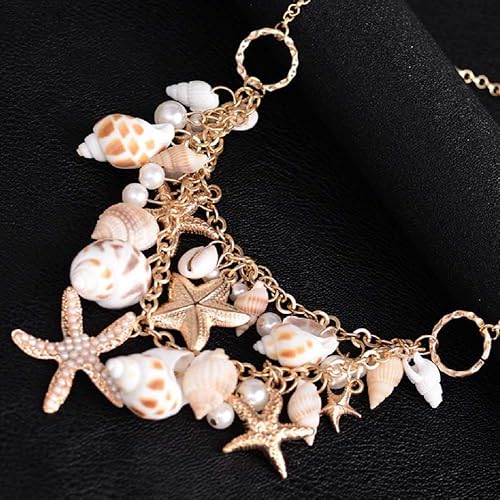 Miniatura 3 de MERSDW Joyería de moda Bohemia Estilo Playa Original Ecológico Estrella de Mar Concha Perla Multi-Capa Bobinado Colgante Pulsera (Dorado)