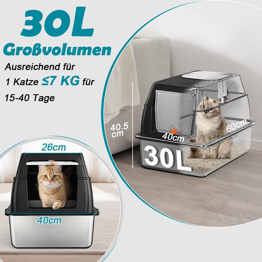 Katzenklo Edelstahl XL, Groß Edelstahl Katzentoilette mit Deckel, Stainless Steel Cat Litter Box, Geschlossen Katzen Klo, Zwei Ausgänge, Schaufel+Matte+Trettstufe- 60x 40x 39,5cm(Schwarz)