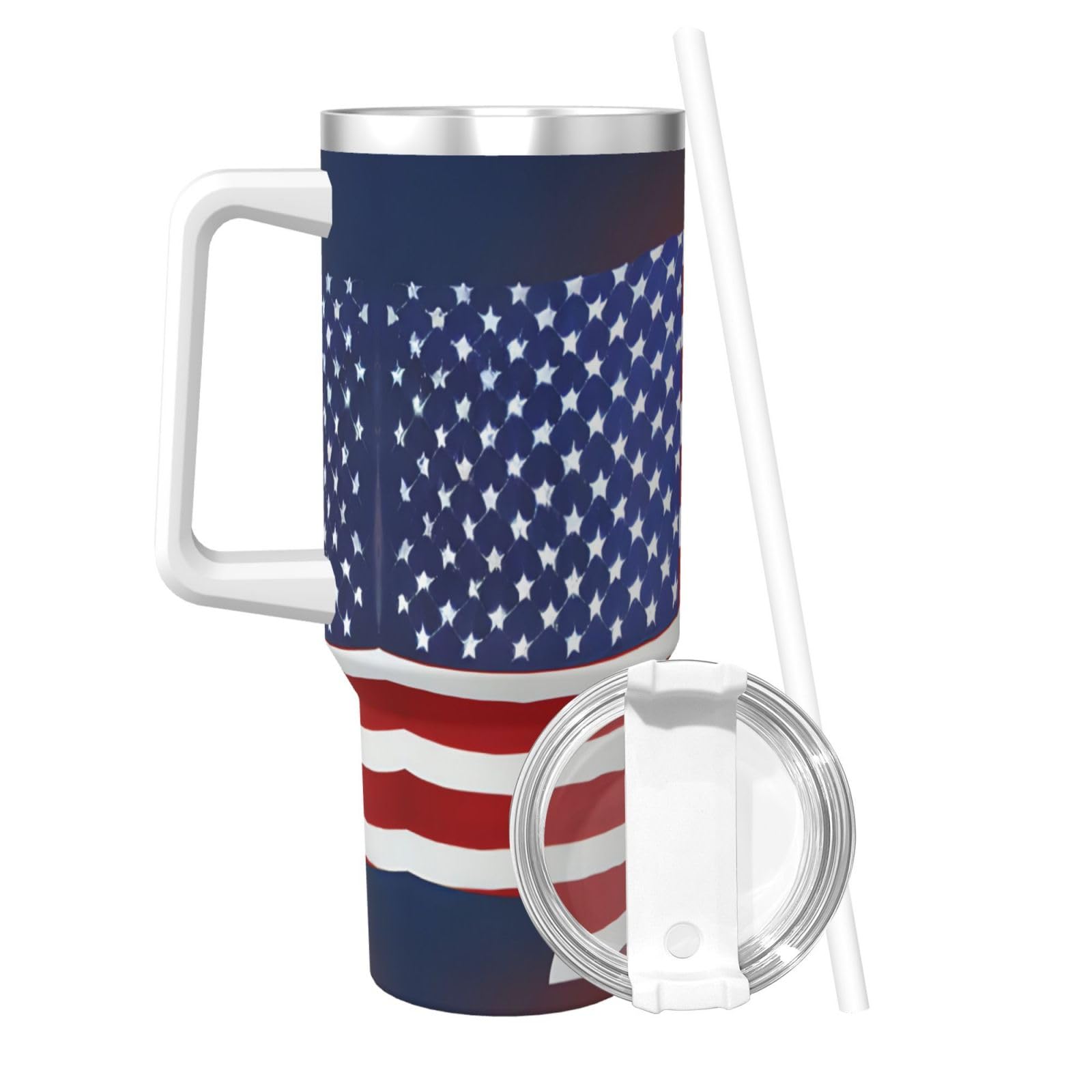 Trinkflasche mit amerikanischer Flagge, Baseball, Edelstahl, doppelwandig, isoliert, mit Griff und Strohhalm-Deckel, 1,2 l