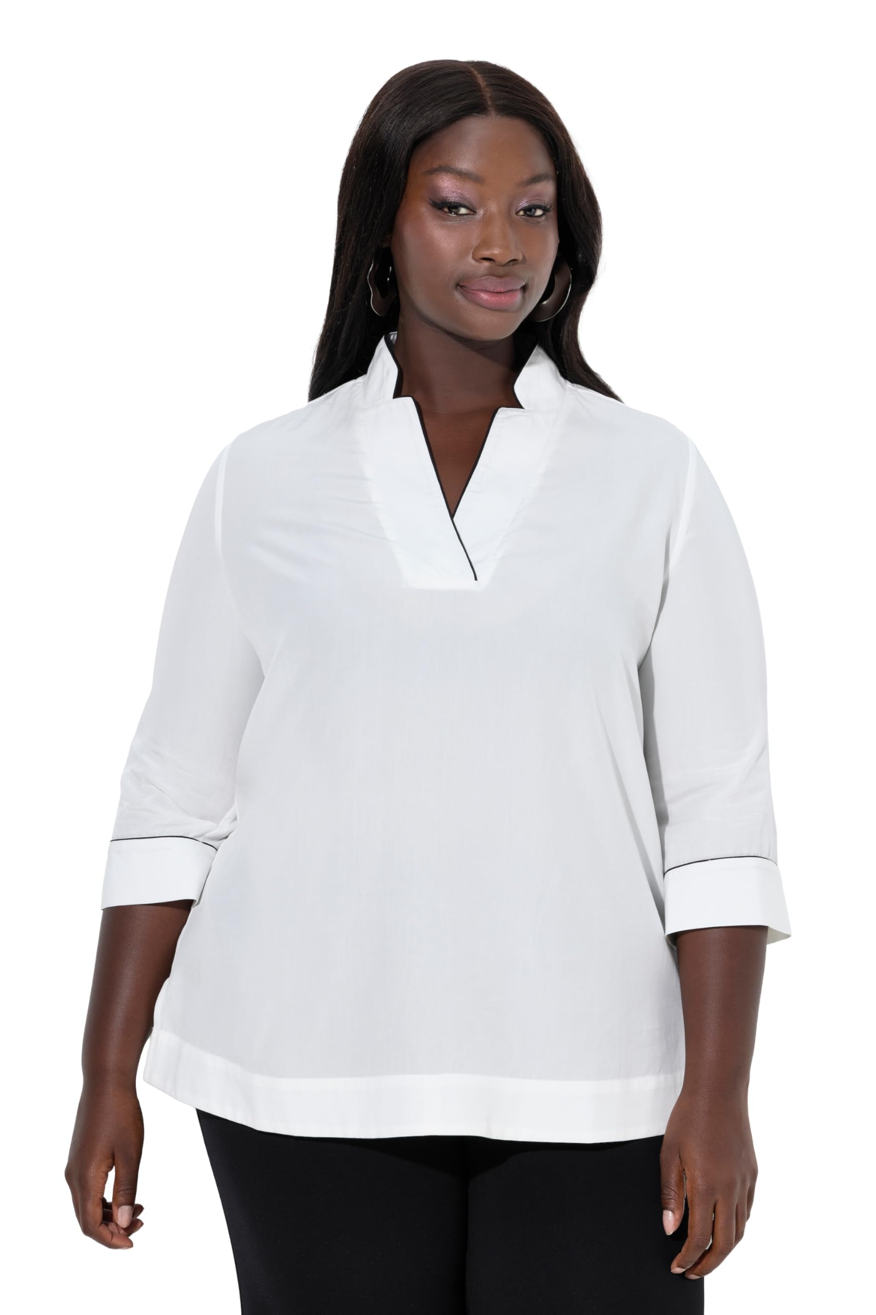 Ulla Popken Damen große Größen Übergrößen Plus Size Lyocell-Bluse, Paspeln, A-Linie, Stehkragen, 3/4-Arm 847758