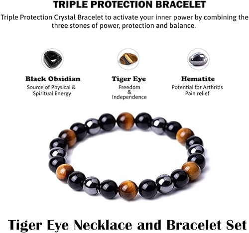 Miniatura 8 de Lava Rock Bracelets Tiger Eye Necklace for Men, Hematite Cross Rosary Necklace Triple Protection Healing Crystal Jewelry Gifts for Dad Grandpa