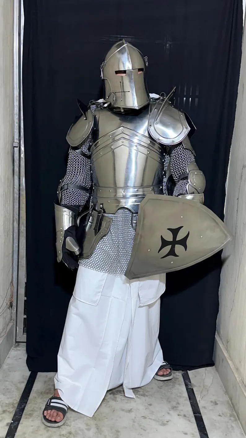Medieval Knight Barbuta Inspired Full Body Armor Suit Steel Wearable | Handmade Plate Armor Set with Helmet, Chainmail, Clothes | LARP Cosplay Renaissance fair Full Costume