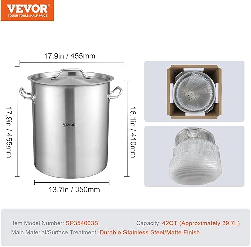 Miniatura 7 de VEVOR Olla de acero inoxidable, ollas grandes de 42 cuartos de galón, olla de cocina con colador, tapa y asa, olla de grado comercial resistente,