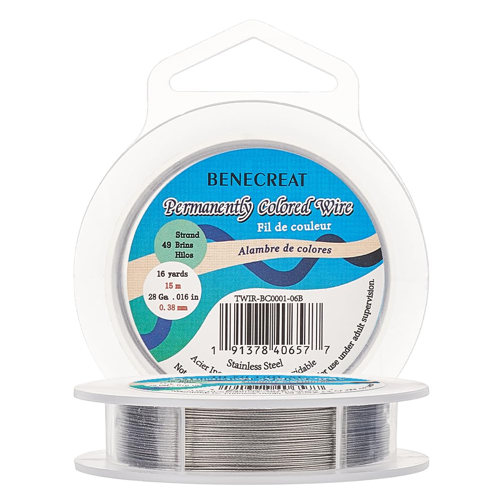 BENECREAT 49 Strands Tiger Tail Beading Wire (0.38mm, 49FT) Nylon Coated Stainless Steel Beading Wire for Necklace Bracelet Making, Gray