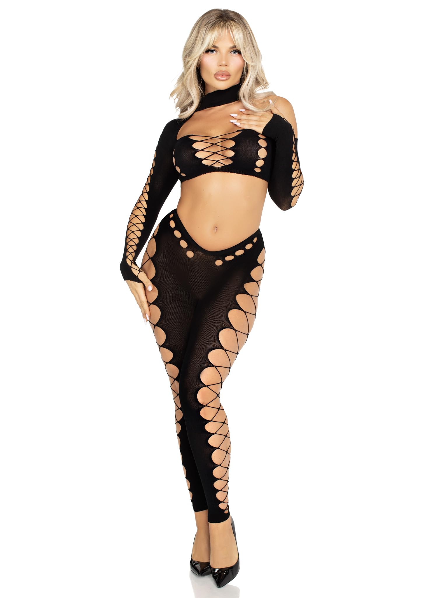 Leg Avenue Damski bezszwowy zestaw: crop top z wycięciami i legginsy, czarny, rozmiar uniwersalny