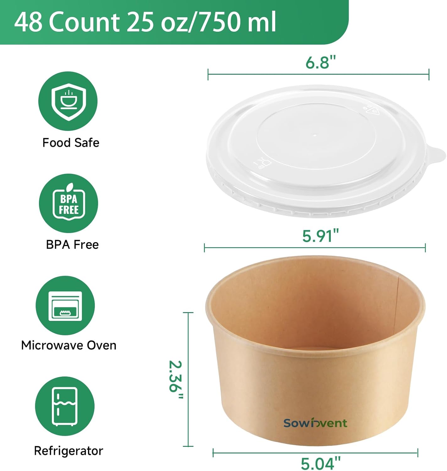 25 oz Disposable Kraft Paper Bowls with Lids and Spoon, 48 Sets Meal Prep Containers, Leak Proof for Hot/Cold Soup, Salad, Ice Cream, Dessert, Food Bowls
