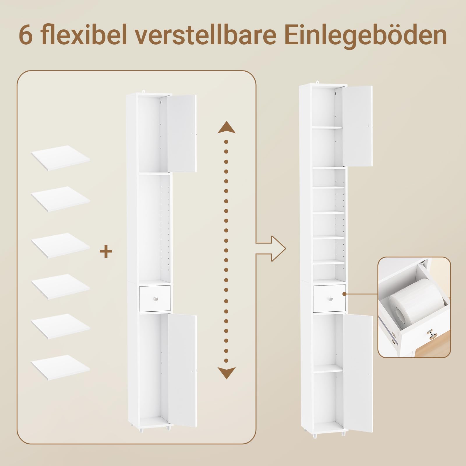 SoBuy Badezimmerschrank Hochschrank Schmal Badschrank für kleine Bäder mit verstellbaren Einlegeböden Platzsparender Badezimmer Schrank für Waschbecken, WC, Waschmaschine, 20x20x180cm Weiß BZR34-II-W