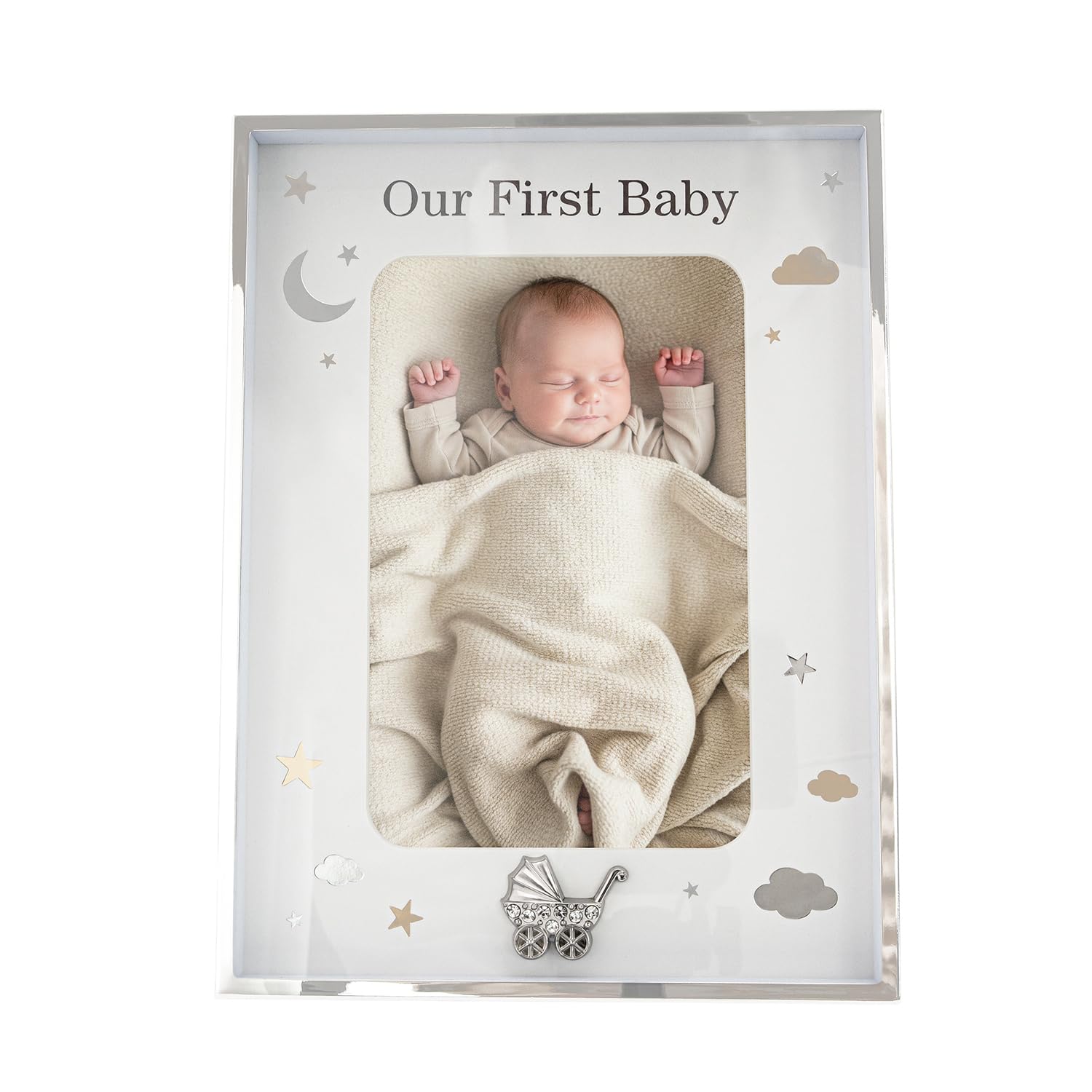 Happy Homewares Our First Baby Silver Plated 4x6 Picture Frame with Gold and Silver Foil Stars and Clouds | Silver Pram with Clear Diamantes | Wall or Table