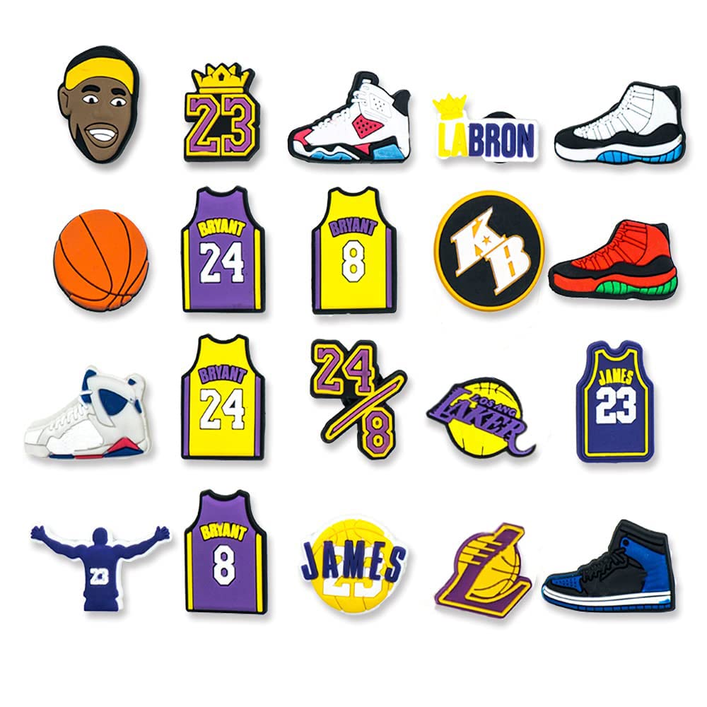 Kobe and James Shoe Charms for Laker Fans, Shoe Decoration for Clog Sandals, Personalized Bracelets or Wristband Accessories, Gift for Boys Men Women or Girls – 20 PCS, Rhinestone