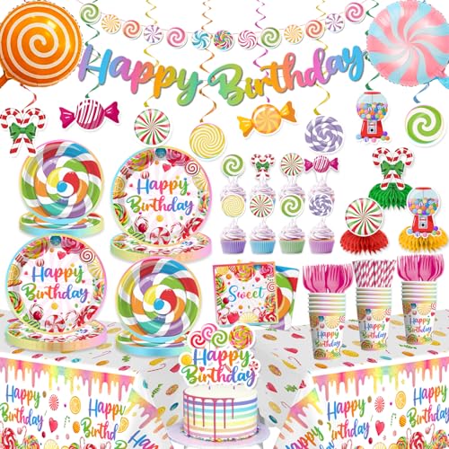 cocomigo 201Pcs Candyland Party Decorations Tableware Set Serves 25 Guests,
