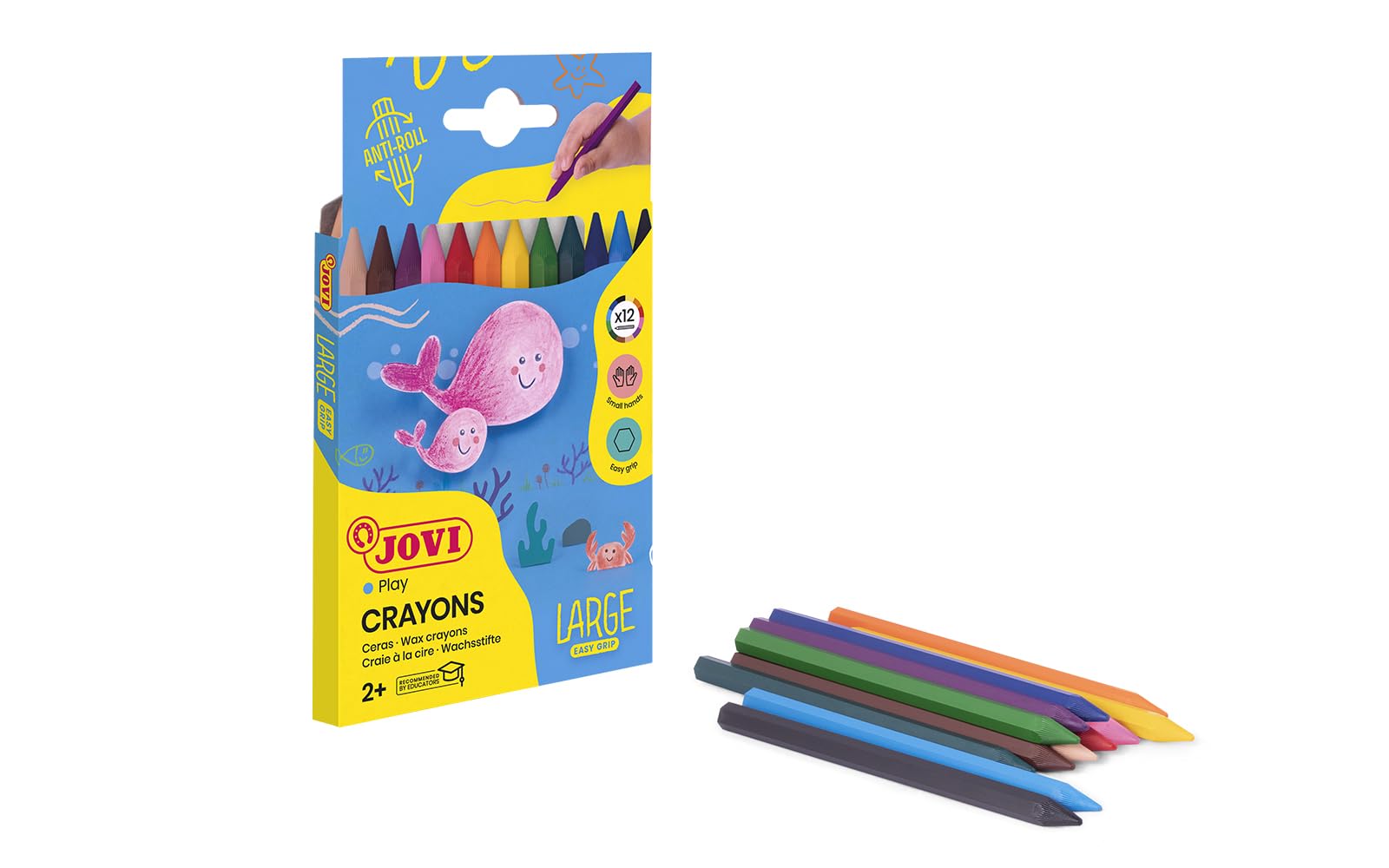 Jovi - Duże kredki Easy Grip, Pudełko na 12 sześciokątnych kredek plastikowych, Różne kolory, Wysoka wydajność, Idealne dla dzieci, Bezglutenowe (912)