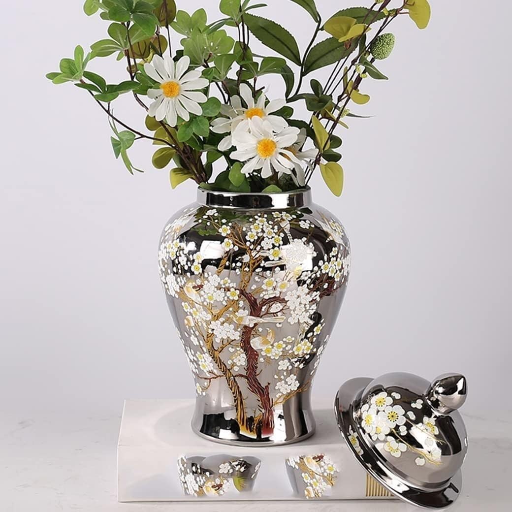Food Storage Jar,Decorative Jar Ginger Jar Vase Decor Ceramic Silver Ginger Jar with Lid Handed Tree Decorative Porcelain Jars Temple Jar with Lids Ginger Jars Storage,A-23.5 * 47Cm