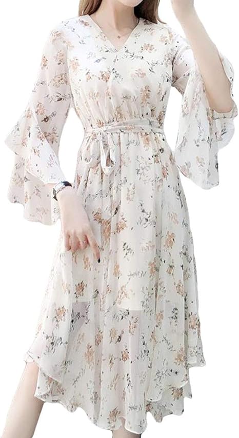 Amazon Co Jp Zhongjue ジュージェン シフォン ワンピース レディース 半袖 ゆったり ロングワンピース 花柄 Vネック マキシ ワンピース フレアスリーブ きれいめ おしゃれ 夏用ワンピース 大きいサイズ リゾート 服 ファッション小物