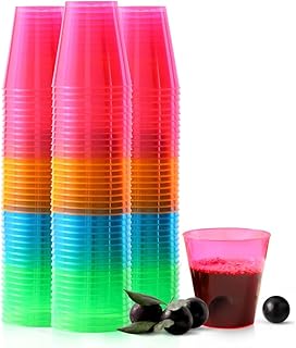 QIANQUEYUE 1oz Disposable Muilt Hard Plastic Cups|250 Count Neon Shot Glasses|Whisky cups for party|Disposable Shot Glasses Bulk|Wine Tasting Cups|BPA free|children's party cups