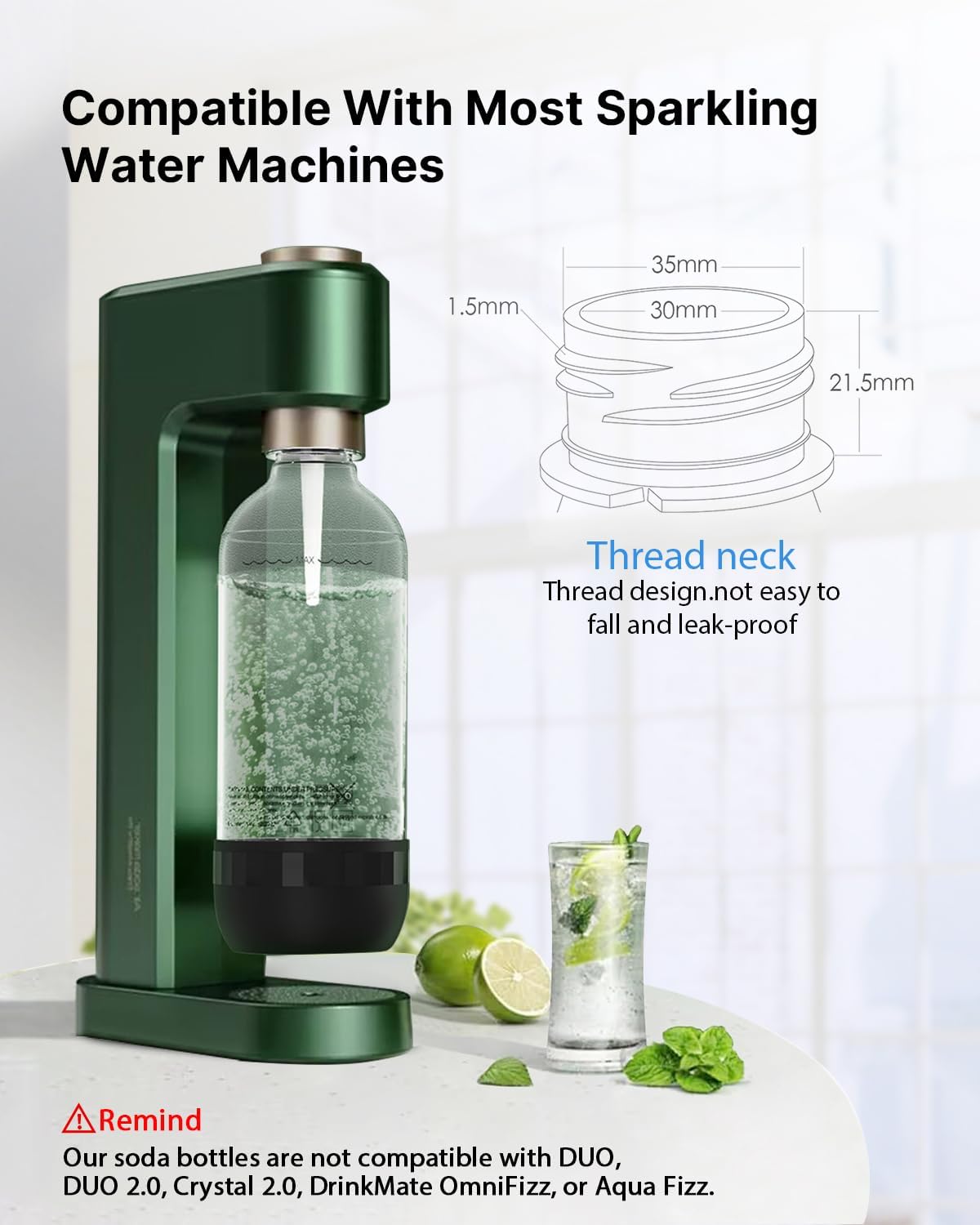 Soda Maker Bottles, 1 Litre Reusable BPA Free Sparkling Water Bottles, Reusable Carbonating Bottles, Replacement Bottle for Soda Machine, 2 Pack, Black (1L) & White (1L)