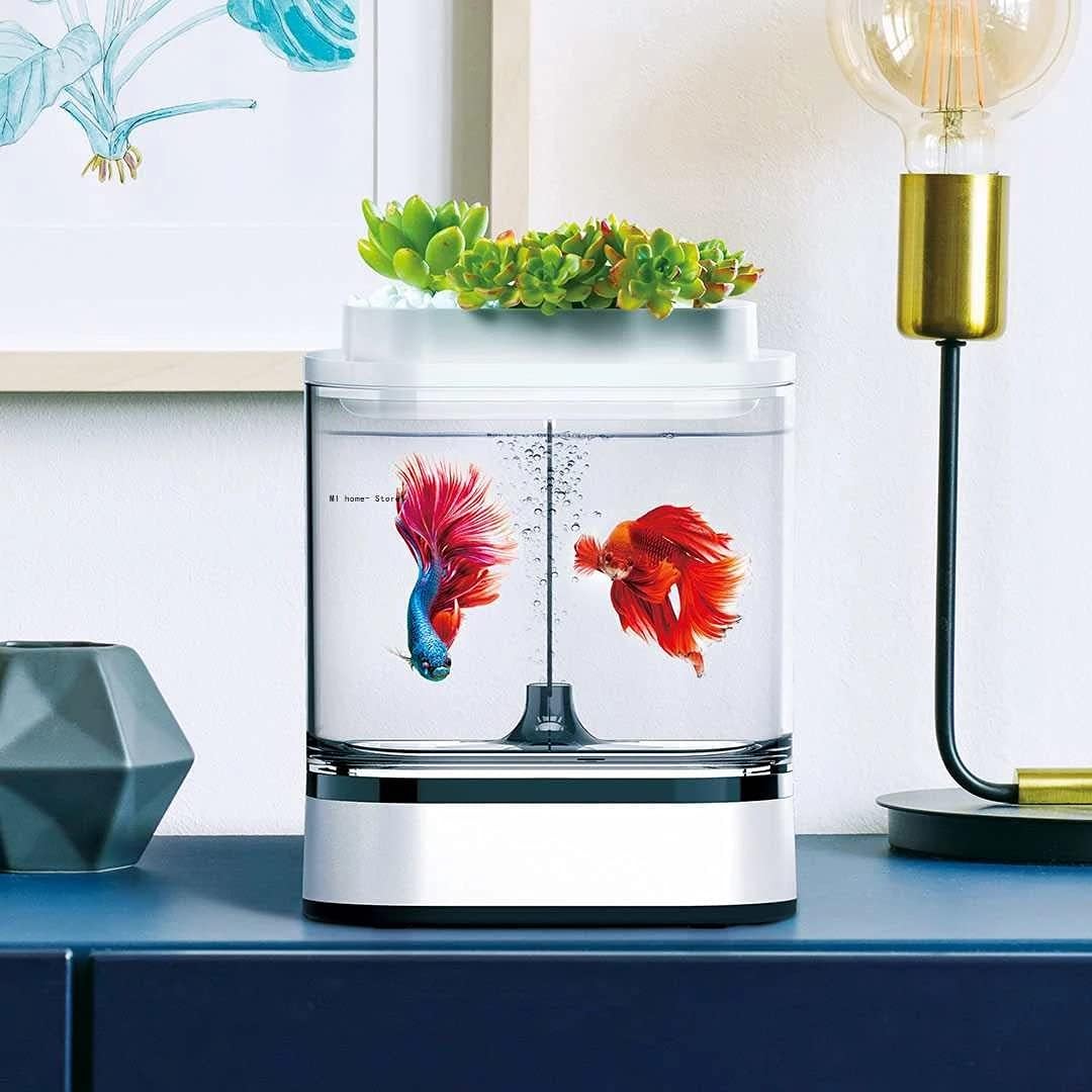 Geometry Mini Lazy Fish Tank USB Charging Self-Cleaning Aquarium with 7 Colors LED Light Home Office Aquarium