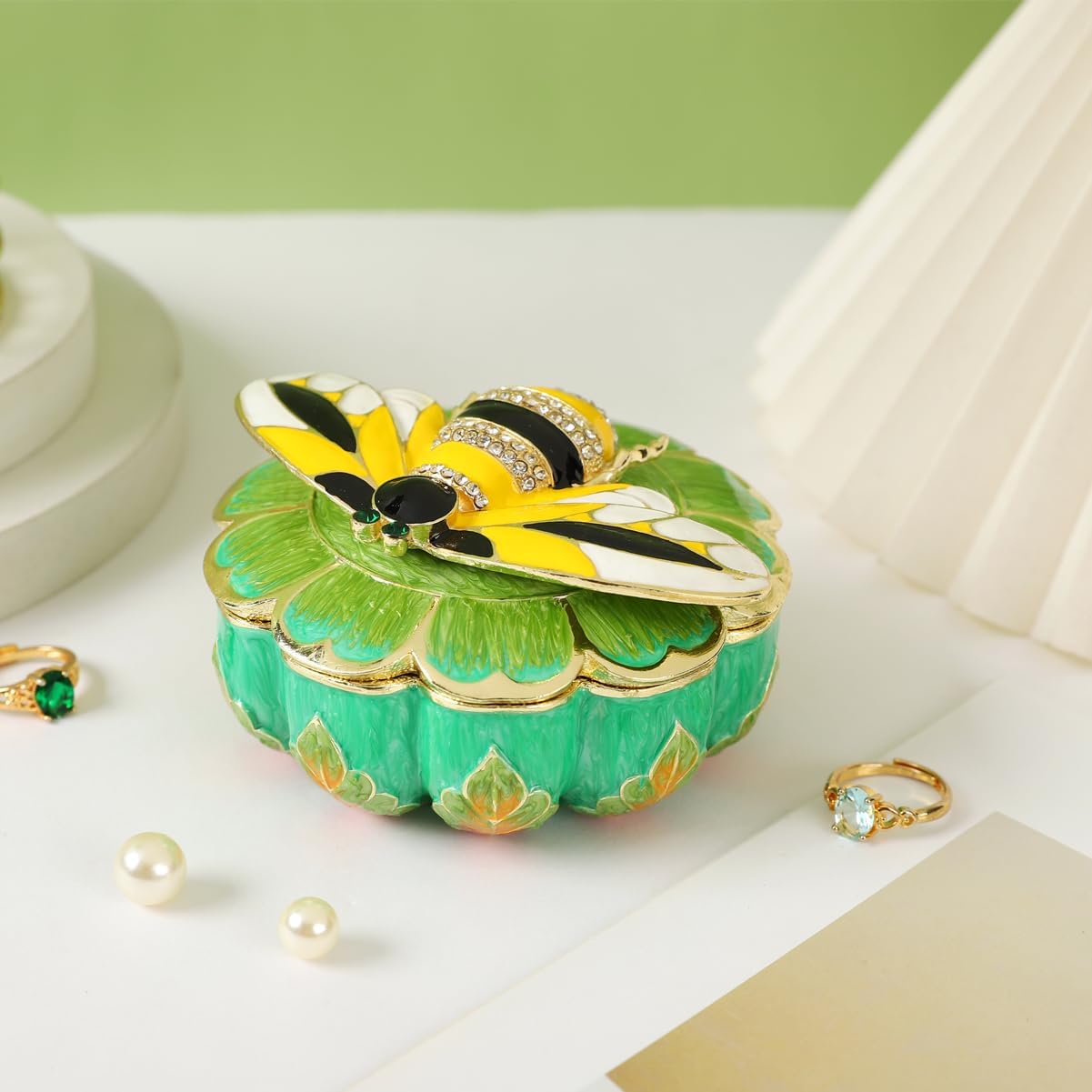 Bee with Flower Shape Trinket Boxes Hinged Hand-Painted Small Jewelry Box with Rhinestones Enamel Unique Gift for Women (Green)