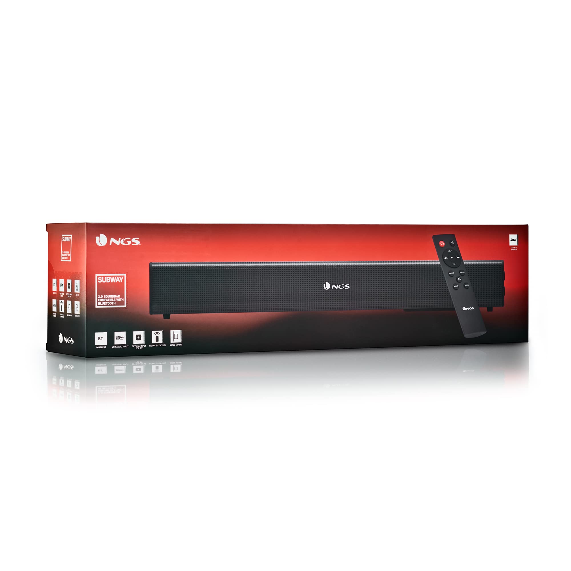 NGS Subway - Barra de Sonido TV, Soundbar con Potencia de Salida 40w, Compatible con Tecnología Bluetooth 5.0, Entradas Óptica-AUX-USB, Mando a Distancia