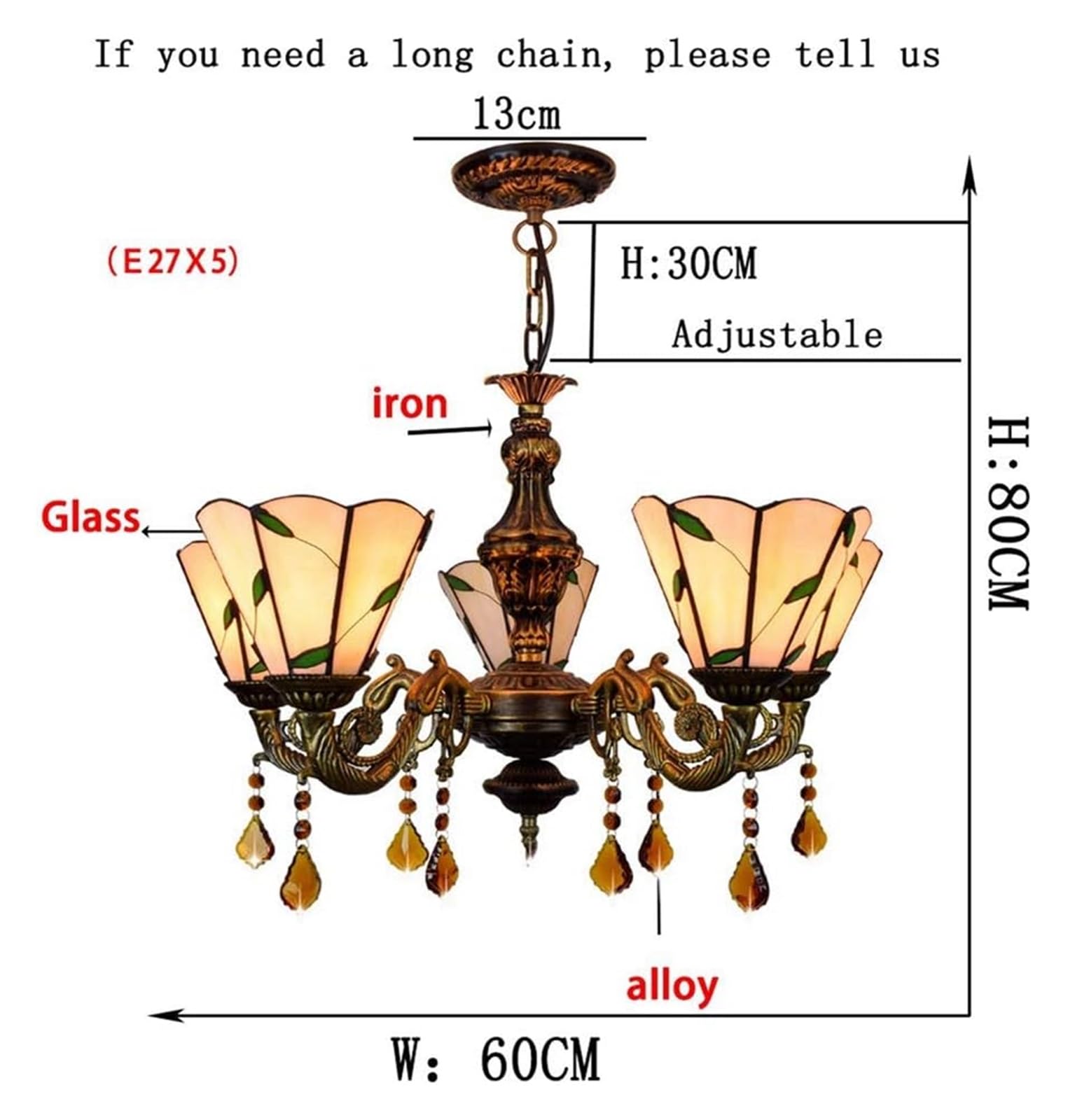 Lampa sufitowa, lampa wisząca sufitowa, 24" 5 głowic, żyrandol Tiffany, wielokolorowa, szklana lampa wisząca, restauracja, kawiarnia, bar, Li