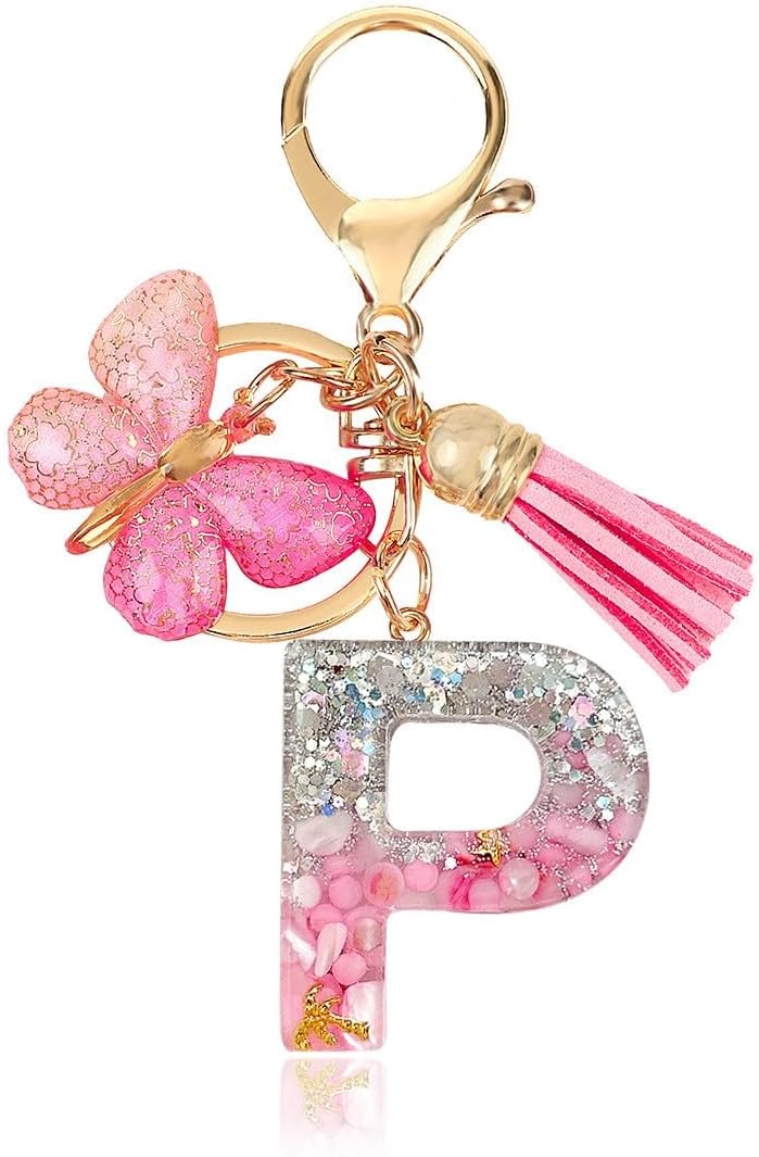 – Pink Resin Alphabet P Initial Letter Keychain with Glitter Butterfly and Tassel, Personalized Letter Key Ring for Bag Purse Accessory