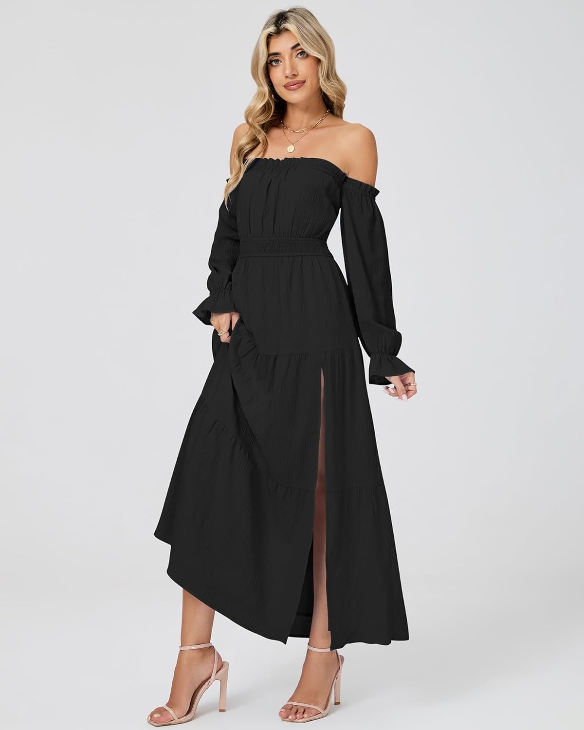 Women Boho Maxi Dress Sexy Off Shoulder Long Sleeve Smocked Flowy Dresses A Line Tiered Sundress Slit Wedding Dress - Image 6
