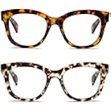 2 Pack Retro Oversized Reading Glasses for Women Men, Blue Light Blocking Computer Readers Stylish Spring hinge