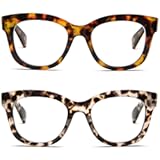 2 Pack Retro Oversized Reading Glasses for Women Men, Blue Light Blocking Computer Readers Stylish Spring hinge