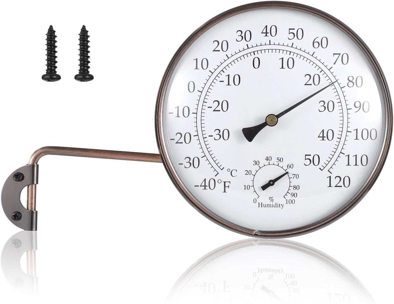 6 Inch Outdoor Thermometer with Hygrometer, Antique Copper Finish, Analog Temperature Gauge, Dual Scale -40°F to 120°F, Wall Mount with Metal Stand