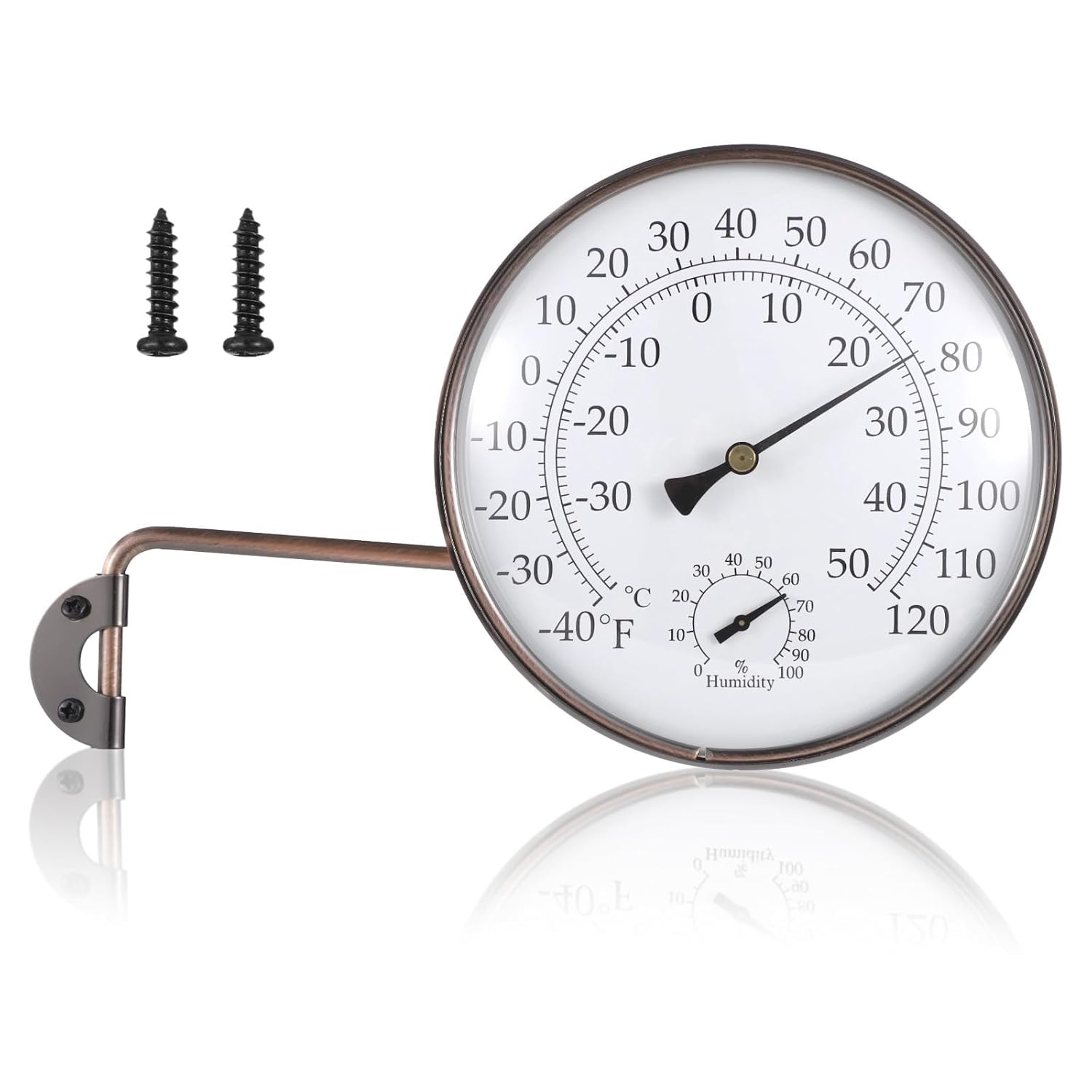 6 Inch Analog Temperature Gauge, Outdoor Thermometer, Copper Antique Finish, with Hygrometer, -40°F to 120°F, Dual Scale, Easy Metal Stand Wall Mount