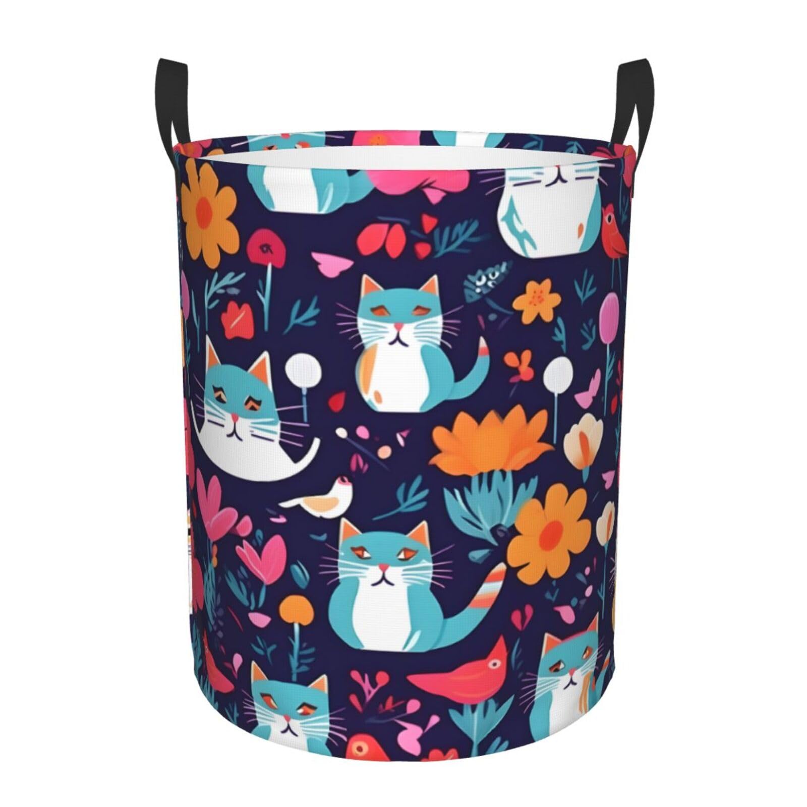 S Collapsible Round Funny Cats Birds and Flowers Print Laundry Hamper