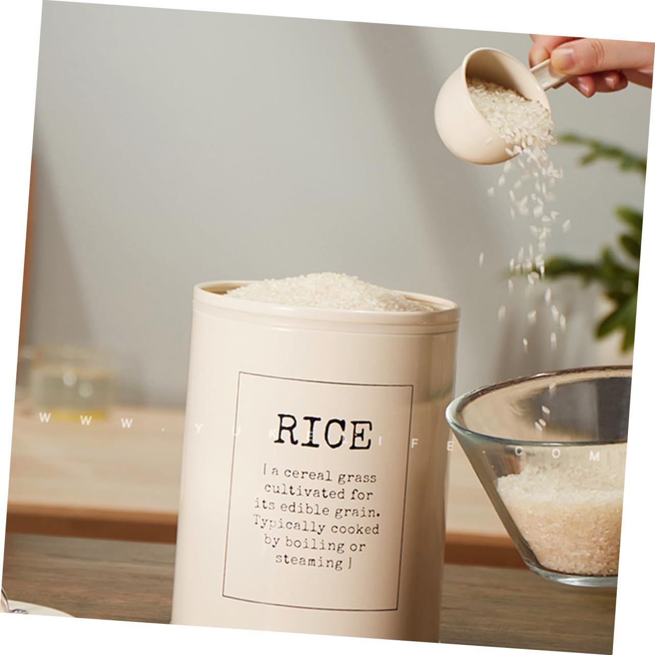 Artibetter Conteneur Hermétique Stockage Riz Grosse Capacité en Métal Beige Couvercle et Cuillère à Grains Style Européen pour Usage Domestique