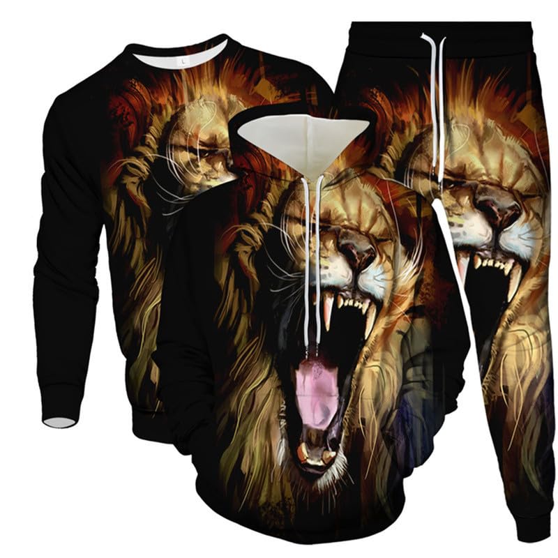 Felpe con Cappuccio Stampate in Digitale 3D Animal Lion + Pulllover + Joggers Pants Set Tuta da Uomo Set Outfit Set 3 Pezzi Abbigliamento Sportivo
