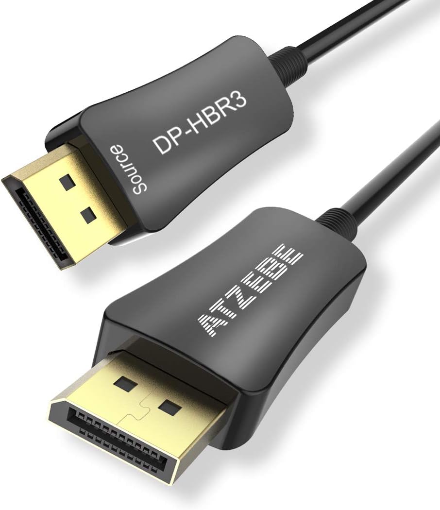 ATZEBE Fiber Displayport Cable 50ft, Fiber Optic Displayport 1.4 Cable Support 32.4 Gbps, 8k@60hz, 4K@144Hz, Slim and Flexible Fiber DP to DP Cable