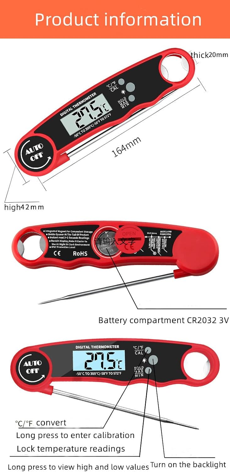 review FLYSZQ Digital Instant Read Meat Thermometer,Foldable Probe with Backlight,Waterproof and Calibration,Thermometer for Food Cooking,Grilling,Baking (Red)