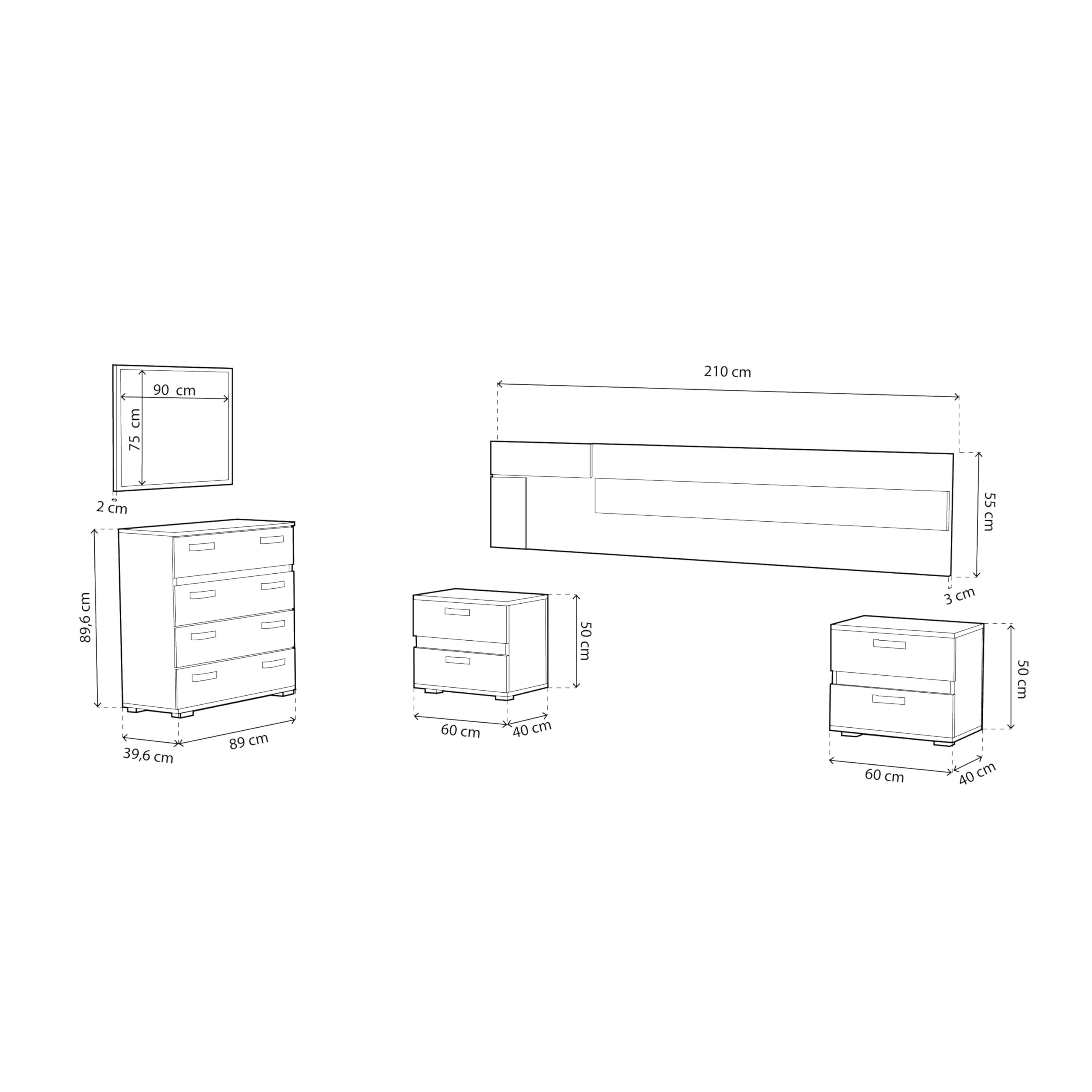duehome | Pack Ataneq Tex 4c con Cabecero + 2 Mesitas + Comoda + Espejo, Tofe y Textil