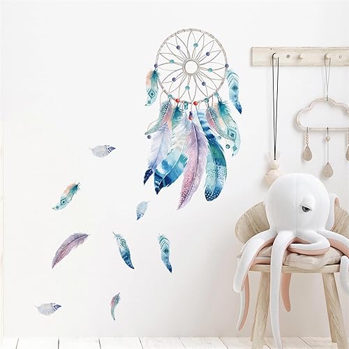 Dreamcatcher - Calcomanías de pared con plumas de red de ensueño azul-verde, calcomanías de pared extraíbles de vinilo para despegar y pegar para