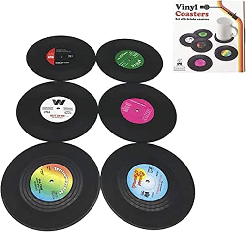 Miniatura 4 de Juego de 6 posavasos para bebidas con caja de regalo, discos de vinilo retro, juego de 6 posavasos antideslizantes y perfectos para decoración de