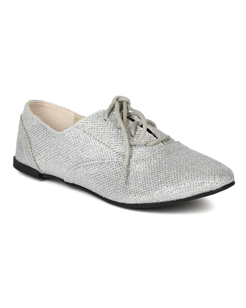 Women Glitter Leatherette Oxford Ballerina Flat BB67 - Silver