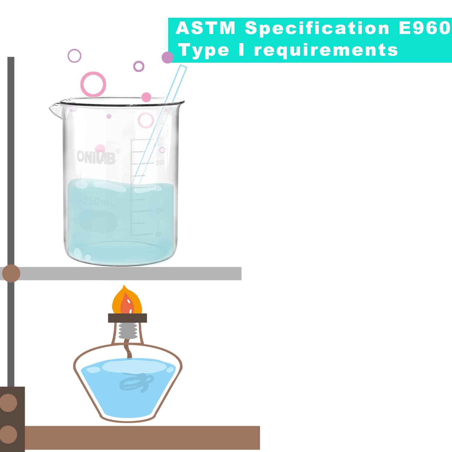 ONiLAB Glass Measuring Beaker Set 50ml 100ml 250ml 500ml 1000ml(Pack of 5) 3.3 Boro Griffin Low Form with Printed Graduation Scientific Glassware for Laboratories, Classrooms or Home Use - Image 5