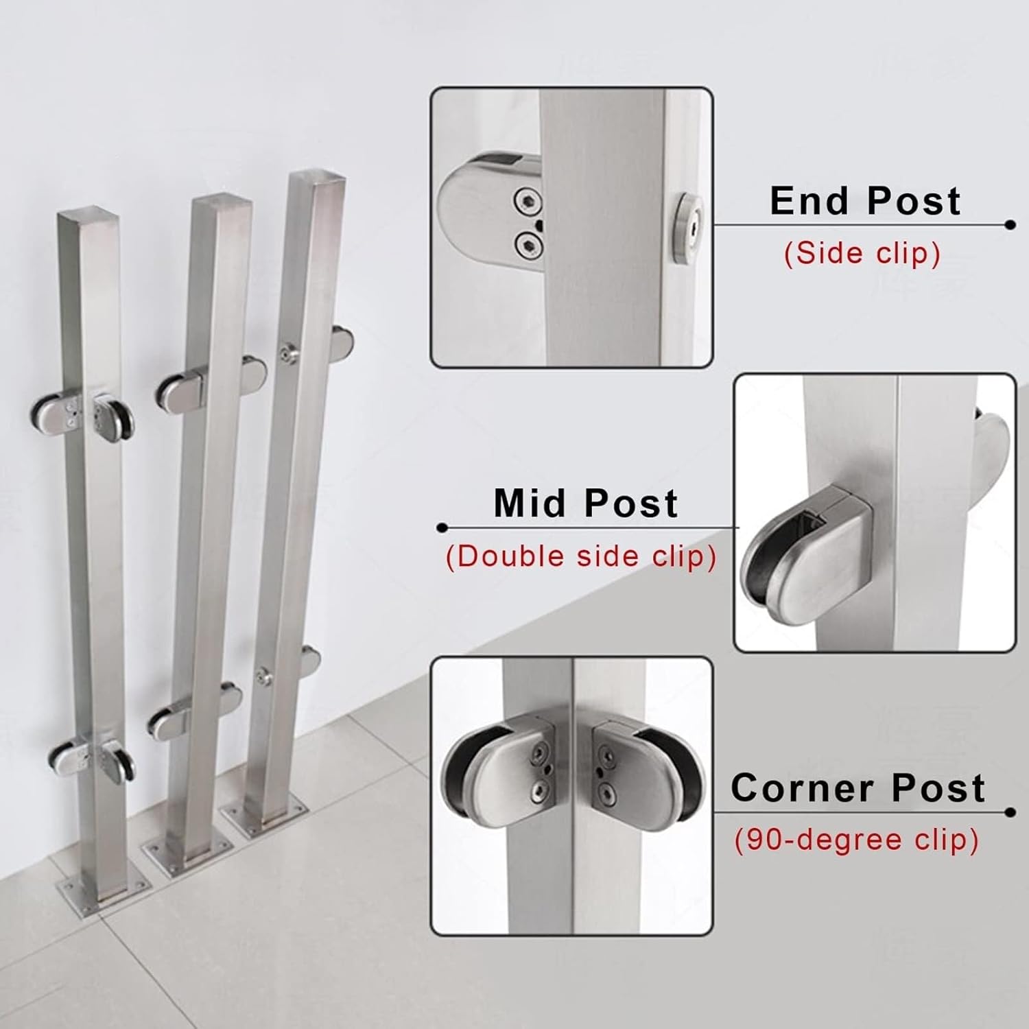 304 Stainless Steel Glass Railing Posts – Deck Post Bracket Clamp for Balcony, Pool & Stair Railings, End/Central/Corner Post, 85/95/105 cm Tall, Square Guardrail System(105cm/41.3in)